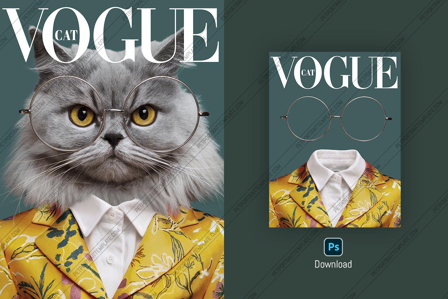 Vogue‑style pet portrait PSD template featuring a gray cat in round glasses and a floral blazer